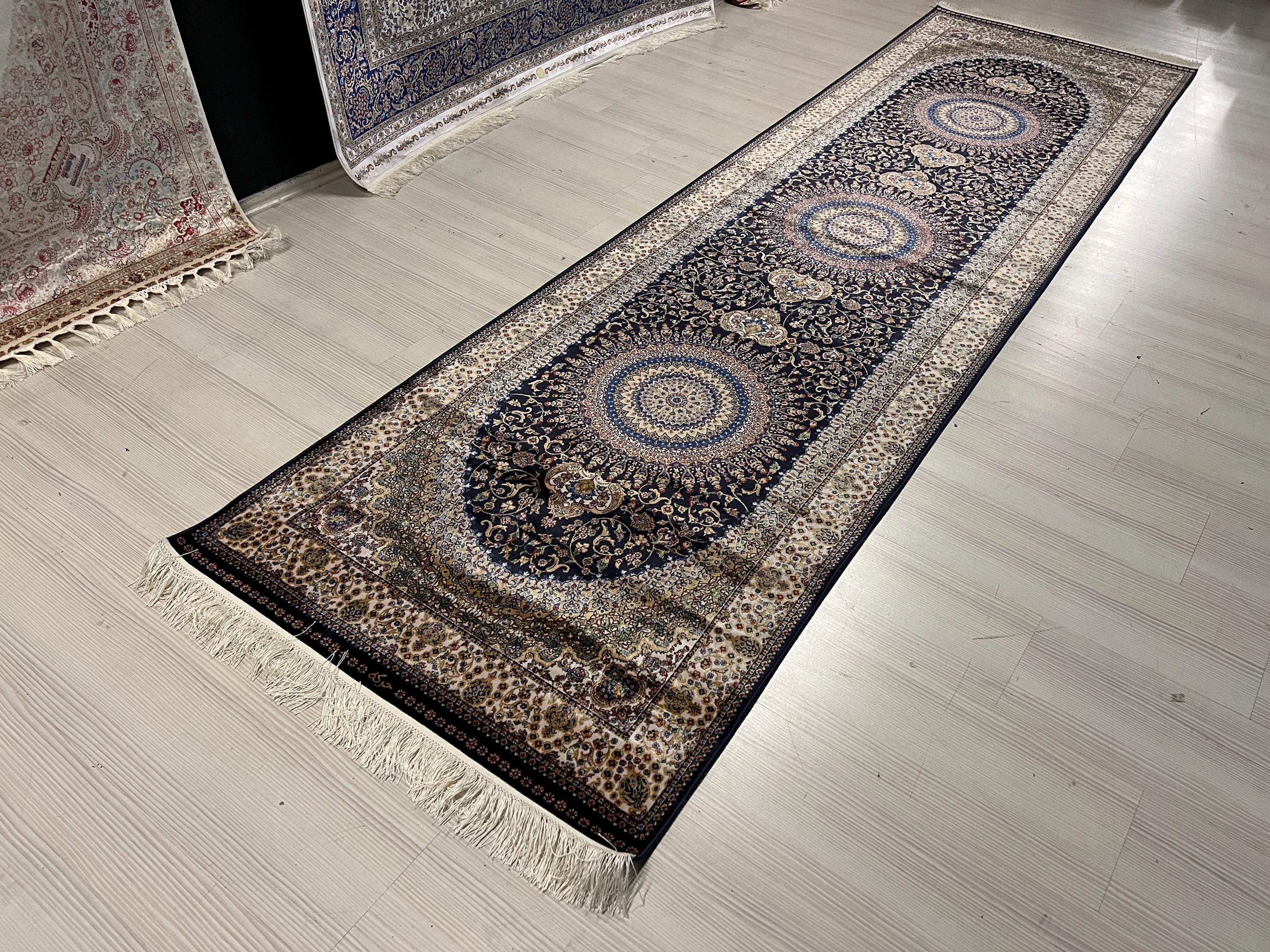 Navy Blue Modal Silk Rug, Turkish Runner, 3x10 ft