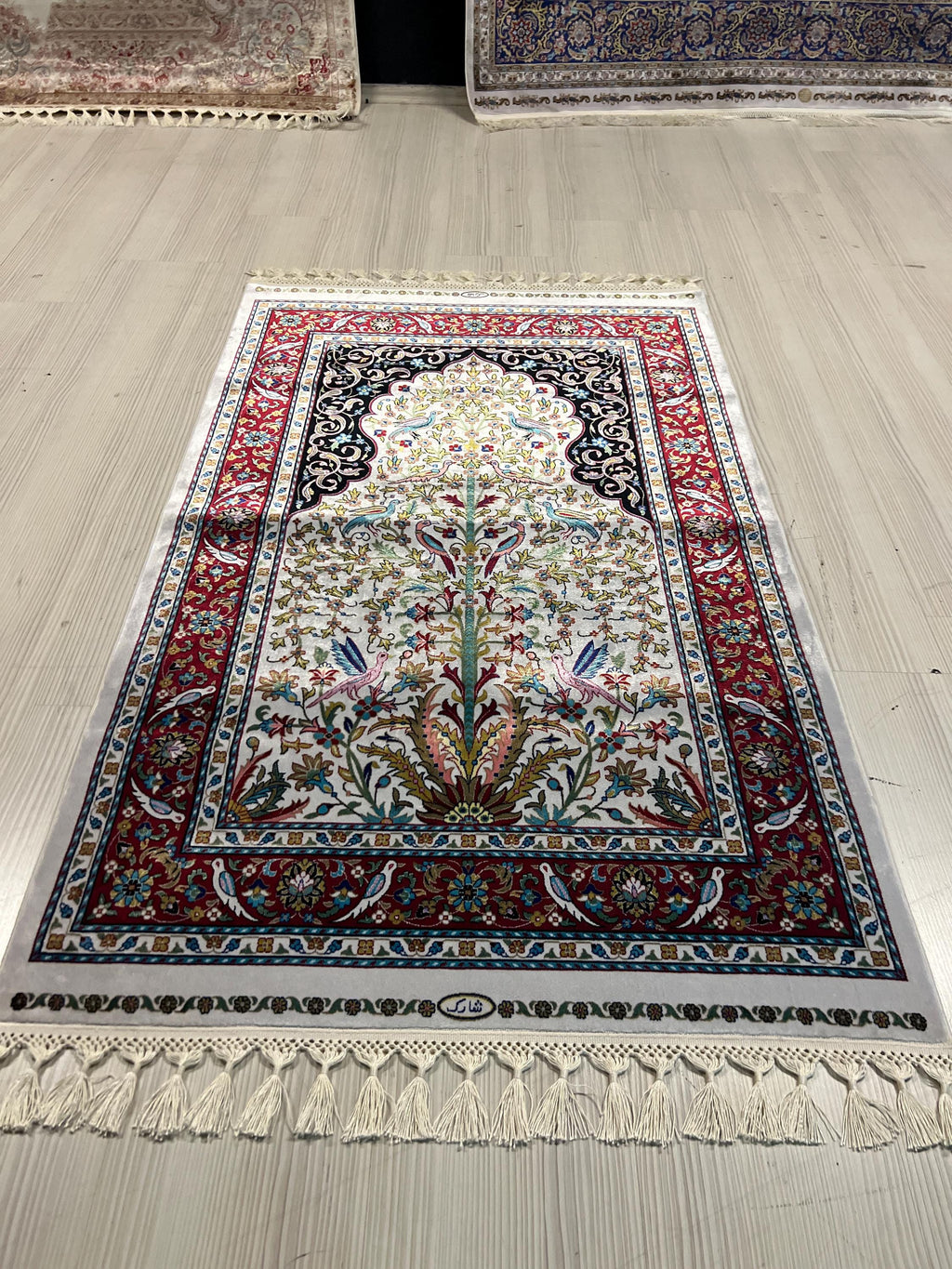 3x4 ft Ivory Red Runner Silk Rug, Floral and Bird Pattern, Turkish Style Hallway Rug