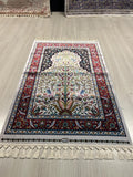3x4 ft Ivory Red Runner Silk Rug, Floral and Bird Pattern, Turkish Style Hallway Rug