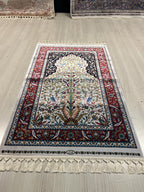 3x4 ft Ivory Red Runner Silk Rug, Floral and Bird Pattern, Turkish Style Hallway Rug
