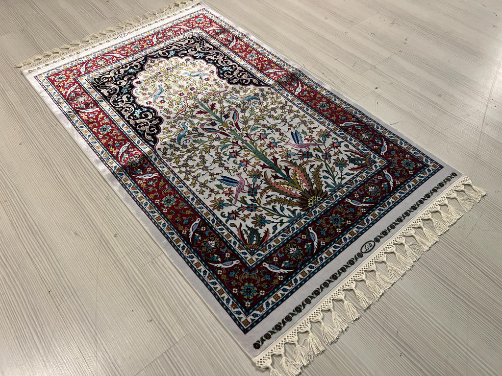 3x4 ft Ivory Red Runner Silk Rug, Floral and Bird Pattern, Turkish Style Hallway Rug