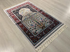 3x4 ft Ivory Red Runner Silk Rug, Floral and Bird Pattern, Turkish Style Hallway Rug