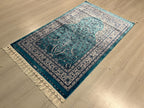 3x4 ft Blue Silk Runner Rug, Modern Floral And Brid Pattern, Traditional Hallway Rug