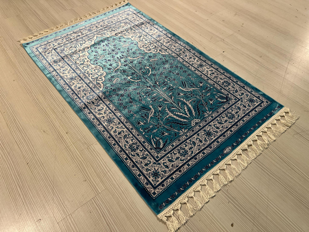 3x4 ft Blue Silk Runner Rug, Modern Floral And Brid Pattern, Traditional Hallway Rug
