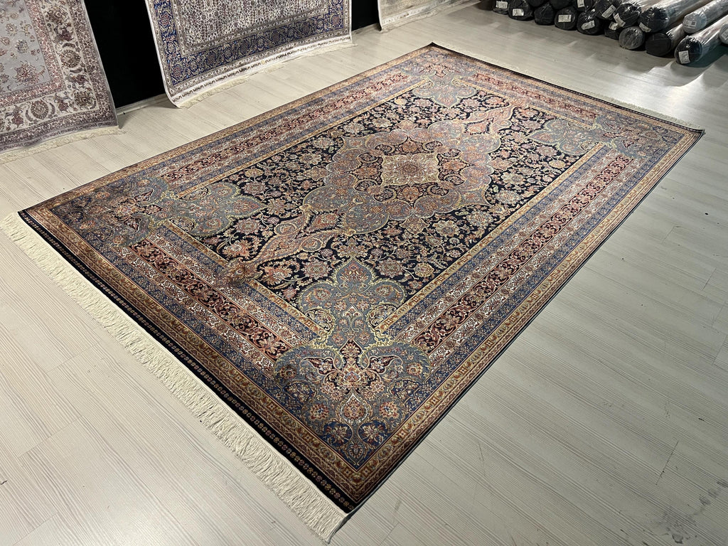 7x10 Blue Red Modal Silk Rug, Medallion Oriental Area Rug for Living Room