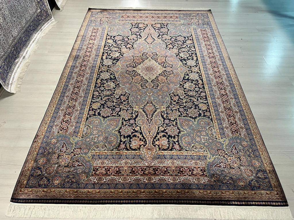 7x10 Blue Red Modal Silk Rug, Medallion Oriental Area Rug for Living Room