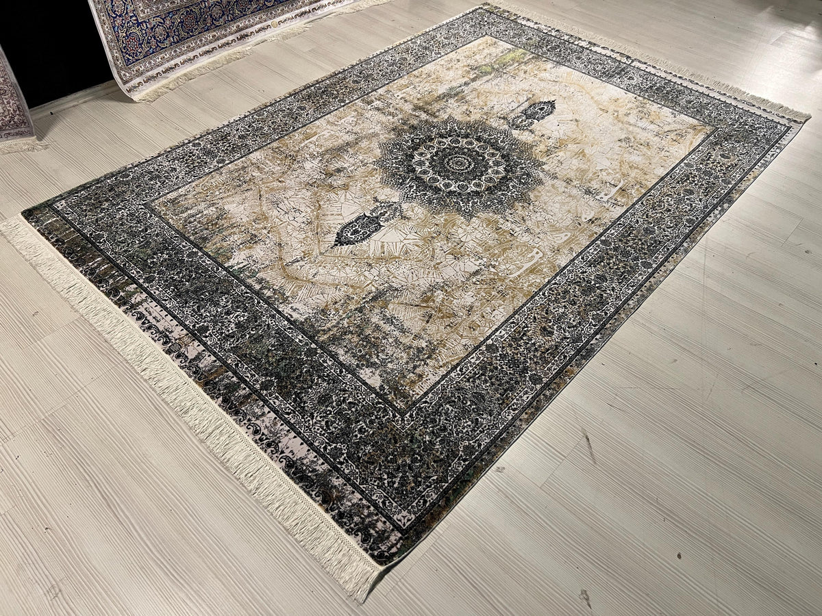5x8 ft Modern Vintage Modal Silk Rug, Distressed Medallion Turkish Living Room Carpet