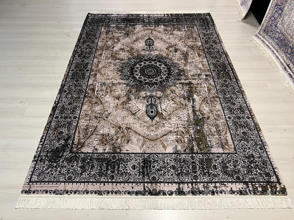 5x8 ft Modern Vintage Modal Silk Rug, Distressed Medallion Turkish Living Room Carpet
