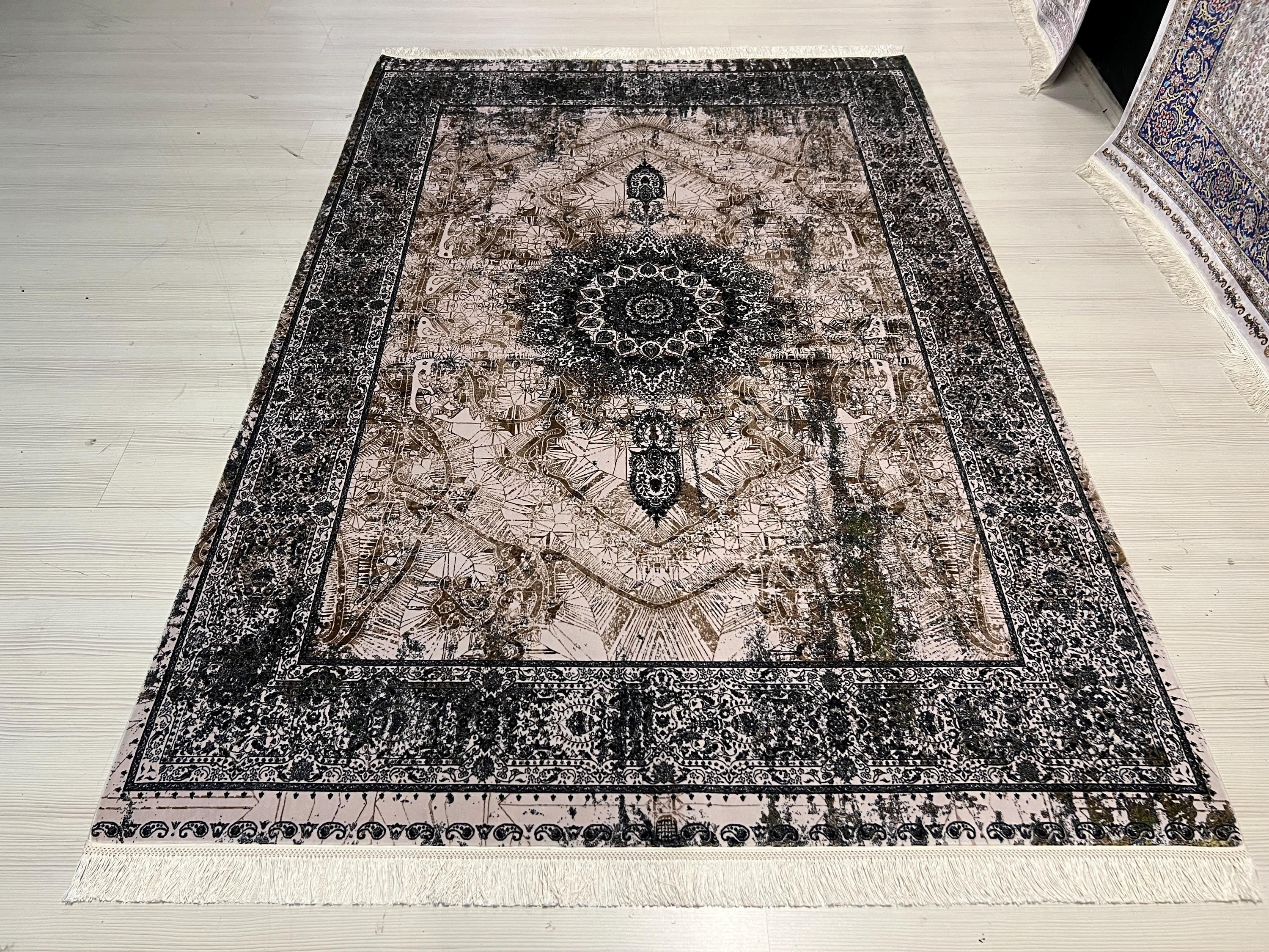 5x8 ft Modern Vintage Modal Silk Rug, Distressed Medallion Turkish Living Room Carpet