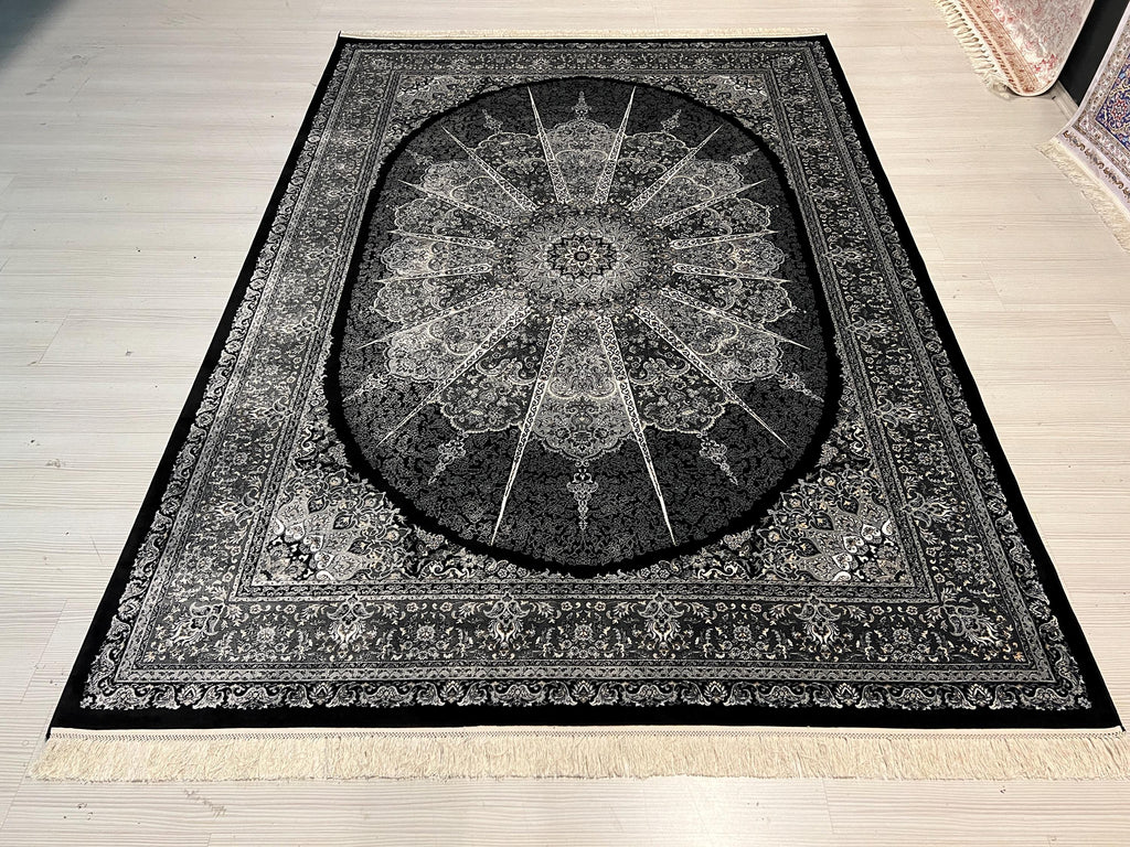 Black Silk Area Rug, Round Medallion Design, Turkish Living Room Decor