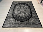 Black Silk Area Rug, Round Medallion Design, Turkish Living Room Decor