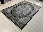 Black Silk Area Rug, Round Medallion Design, Turkish Living Room Decor