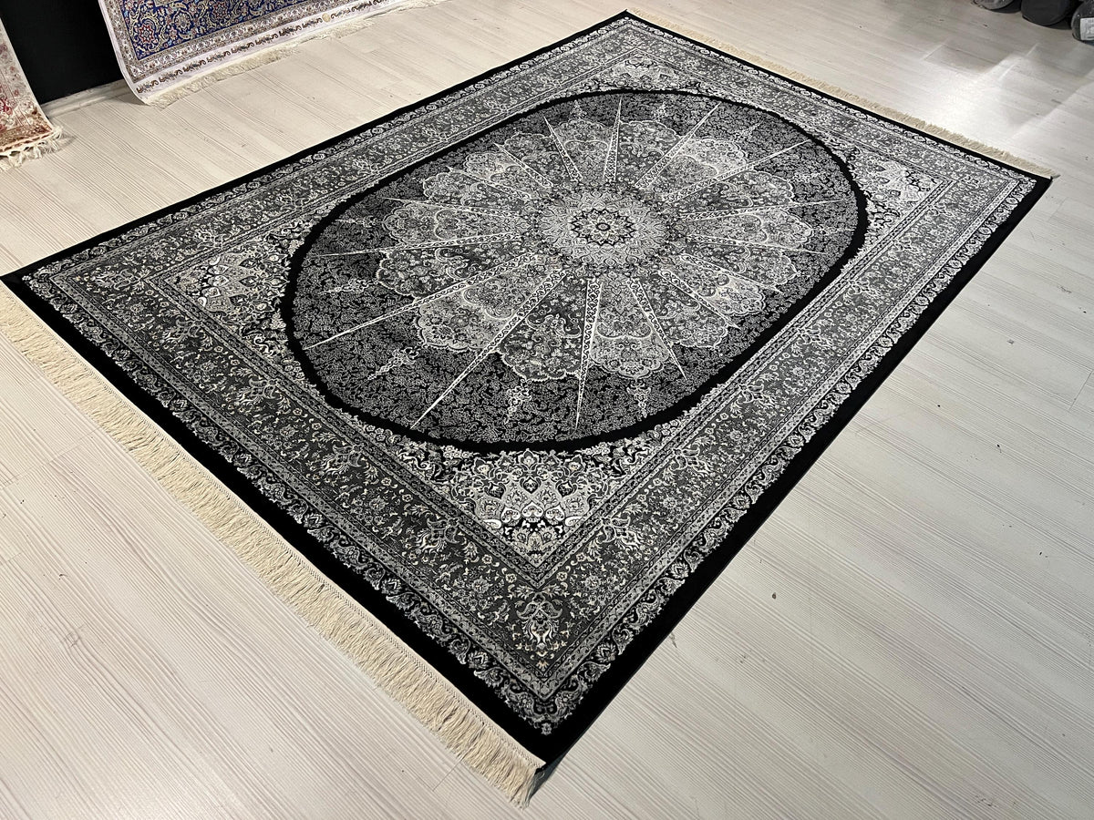 Black Silk Area Rug, Round Medallion Design, Turkish Living Room Decor