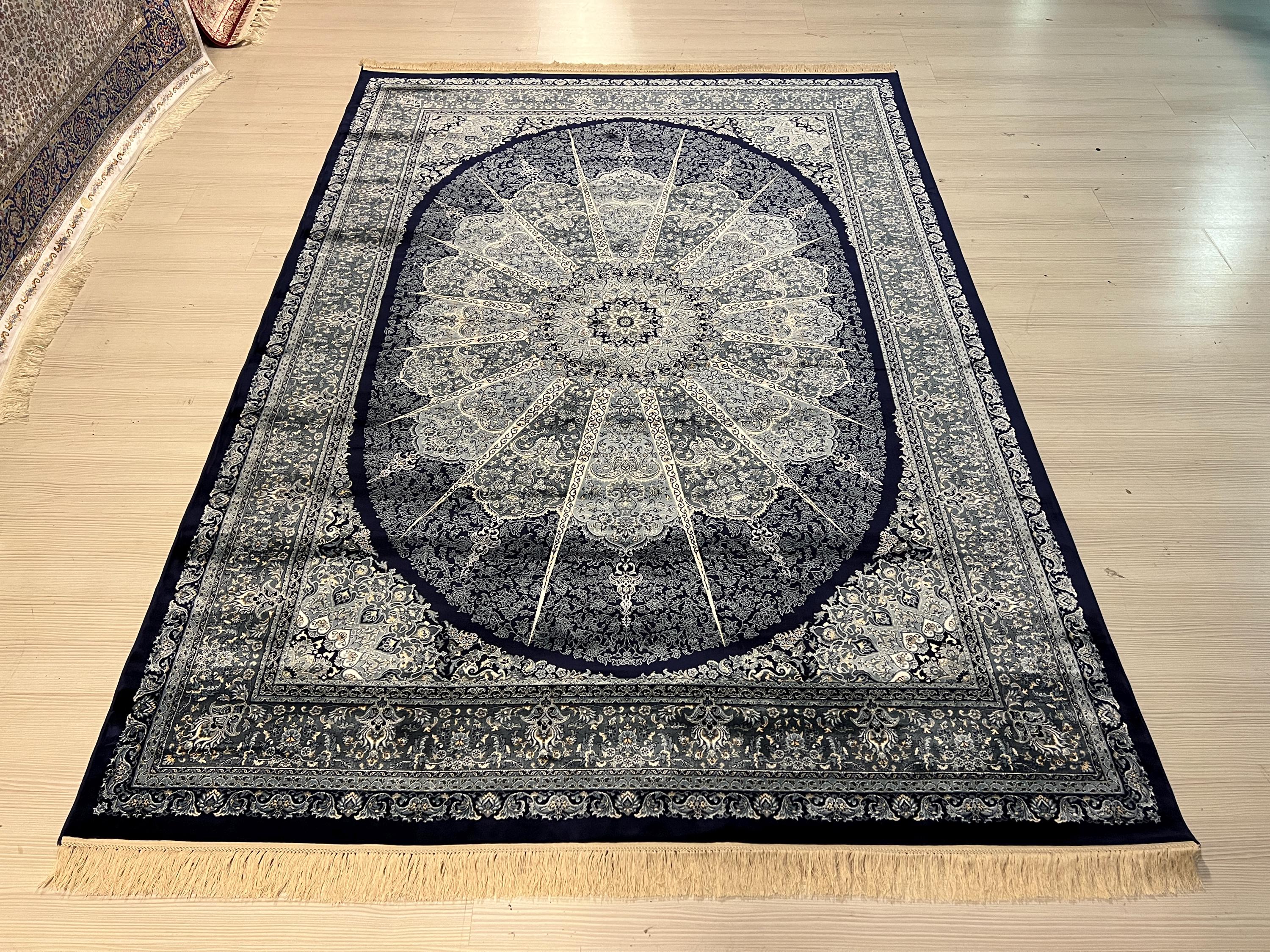 Navy Blue Silk Rug, Turkish Style Medallion Living Room Rug