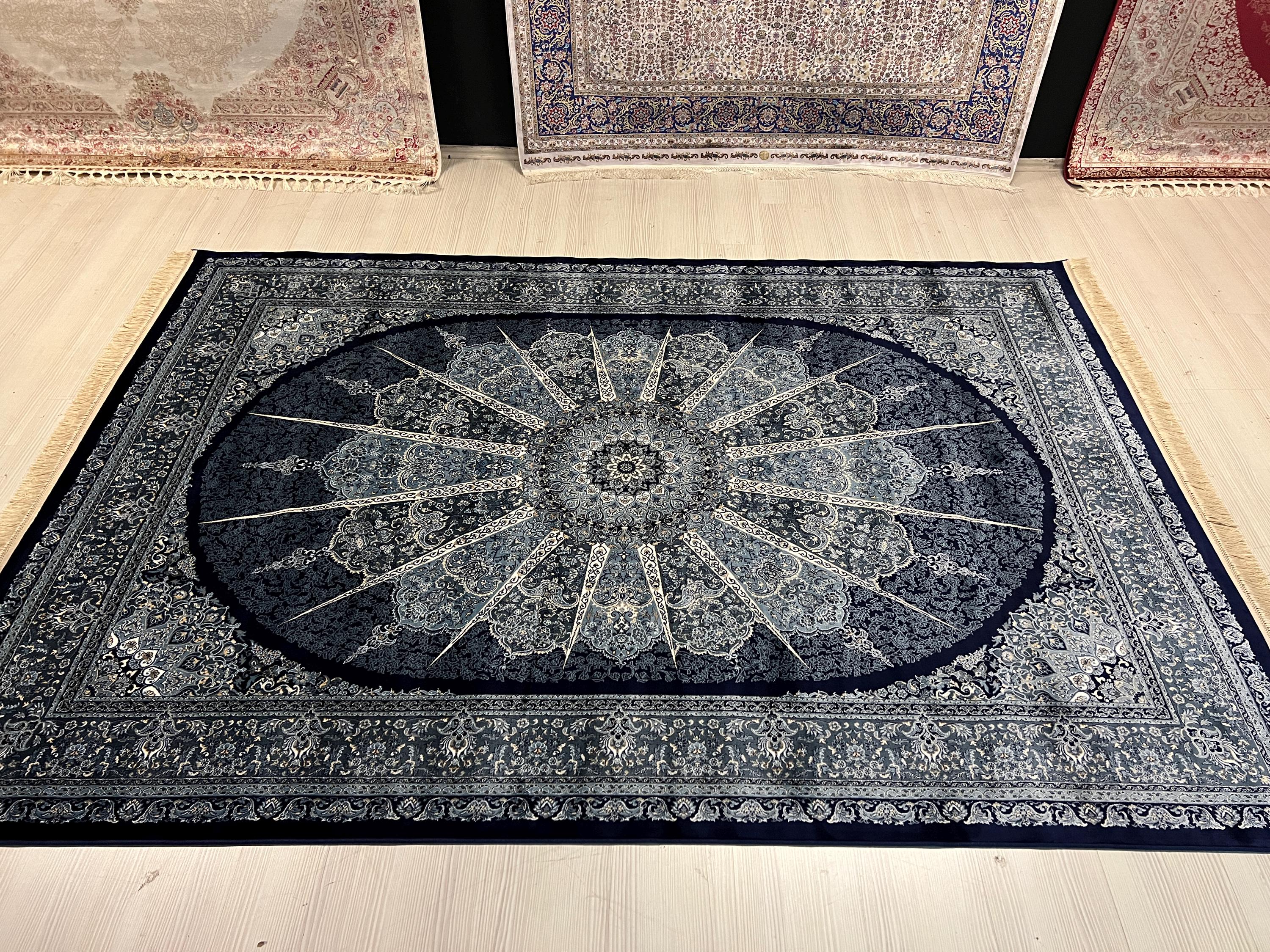 Navy Blue Silk Rug, Turkish Style Medallion Living Room Rug