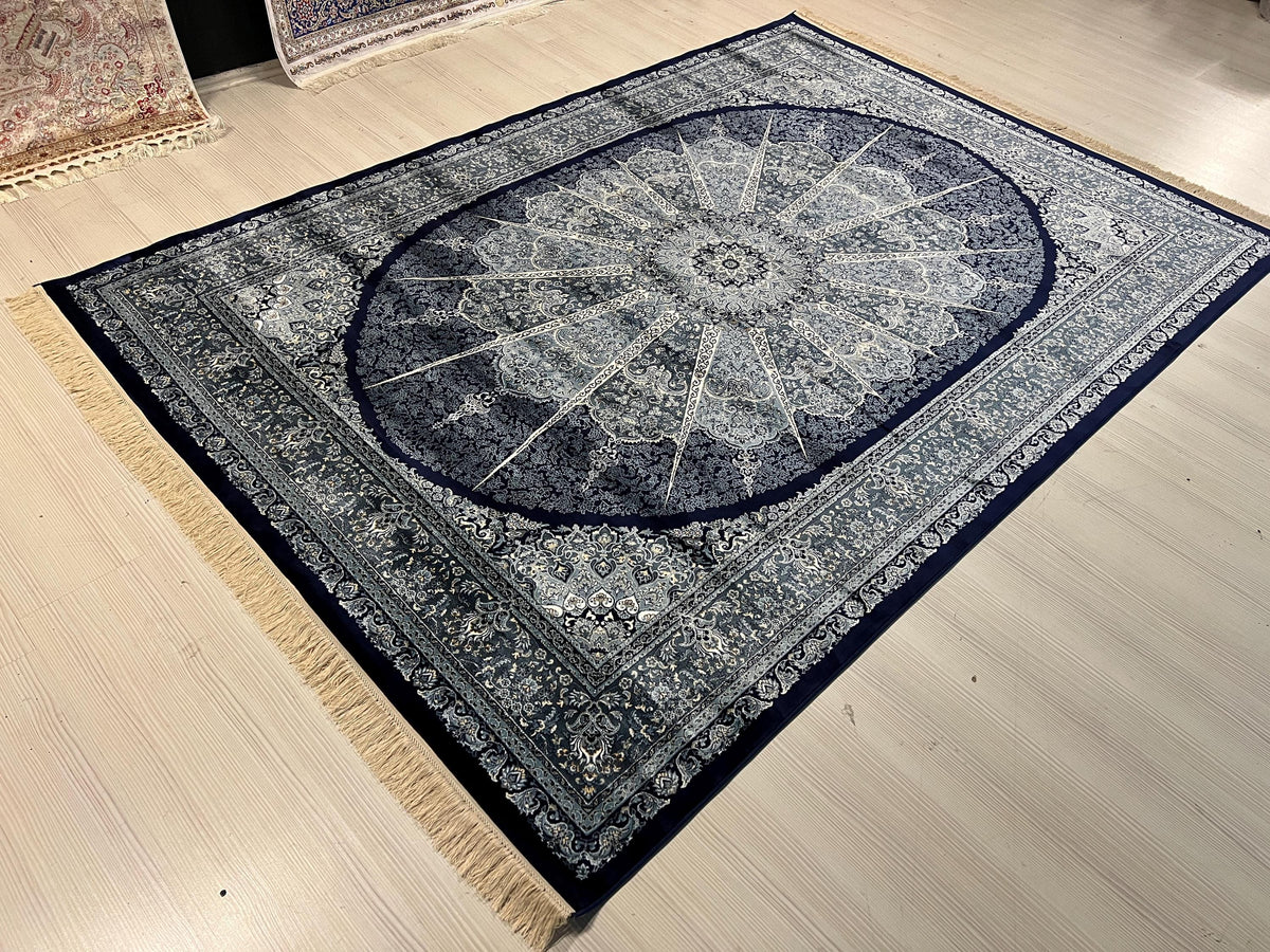 Navy Blue Silk Rug, Turkish Style Medallion Living Room Rug