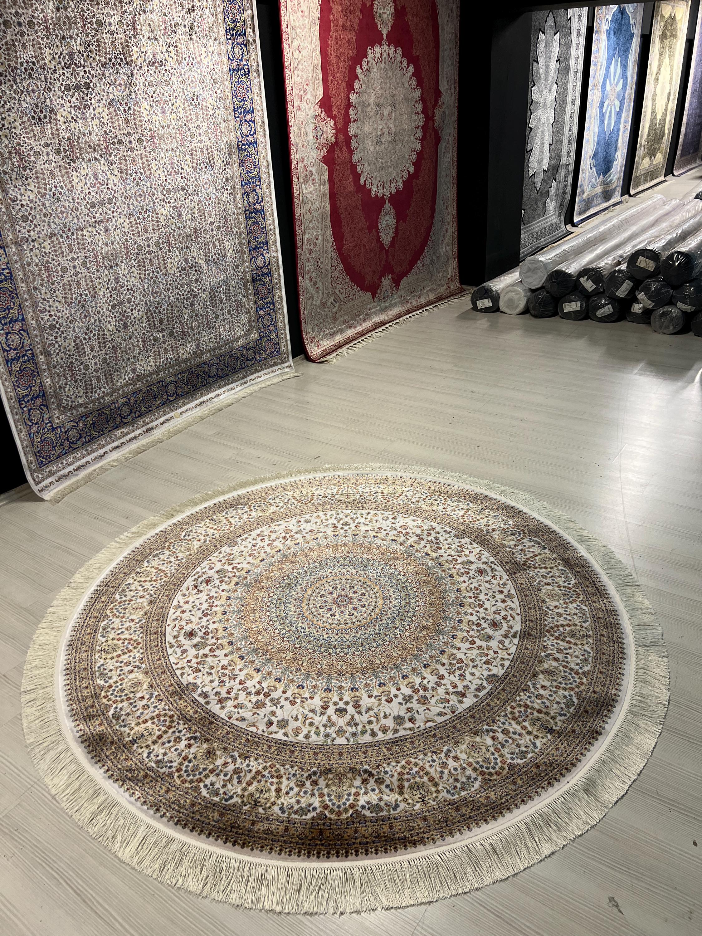 5x5 ft Beige Brown Silk Circle Rug, Floral Pattern Round Area Carpet