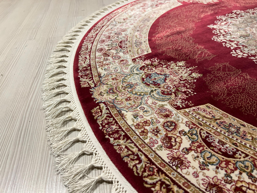 Red Gold Modal Silk Circle Rug, Vintage Style (4x4 ft)