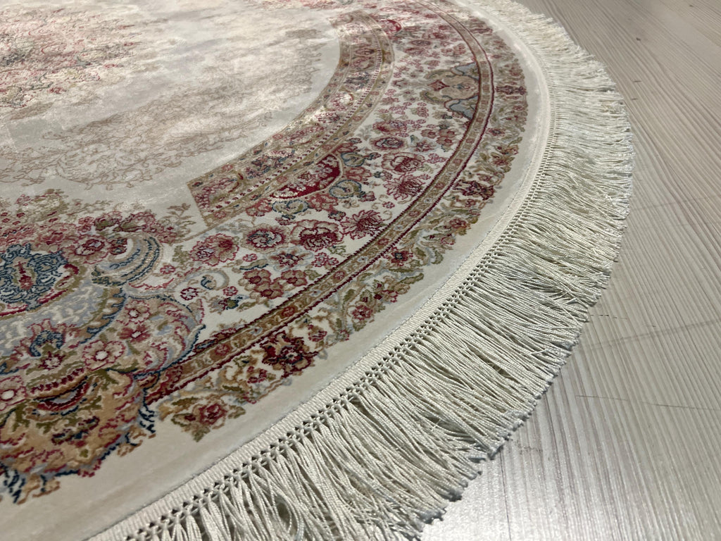 Cream Beige Silk Circle Rug, 4x4 ft Vintage Floral Rug