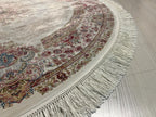 Cream Beige Silk Circle Rug, 4x4 ft Vintage Floral Rug