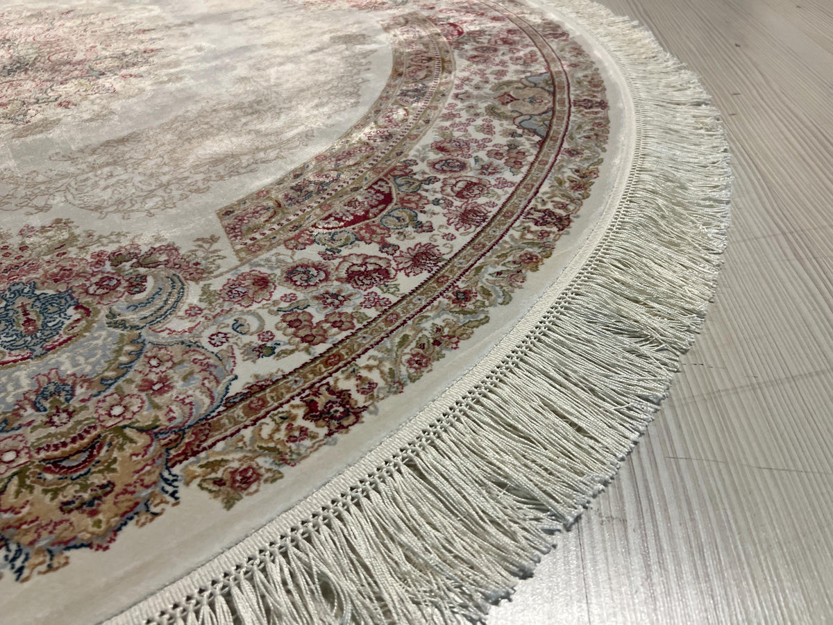 Cream Beige Silk Circle Rug, 4x4 ft Vintage Floral Rug