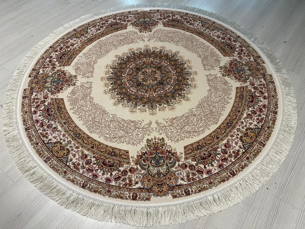Cream Beige Silk Circle Rug, 4x4 ft Vintage Floral Rug