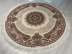 Cream Beige Silk Circle Rug, 4x4 ft Vintage Floral Rug