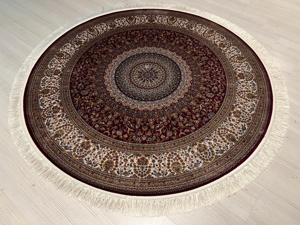 Red Modal Silk Circle Rug, Vintage Style, 5x5 ft