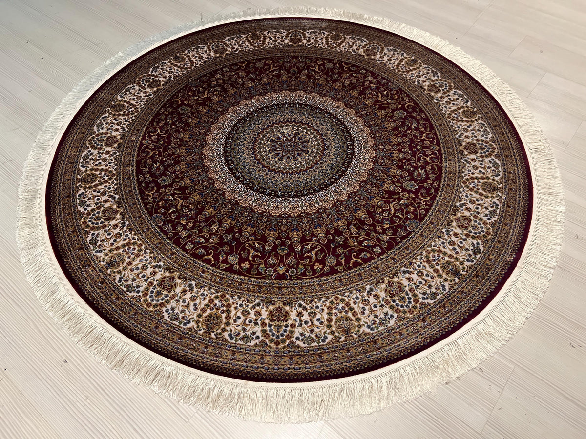 Red Modal Silk Circle Rug, Vintage Style, 5x5 ft
