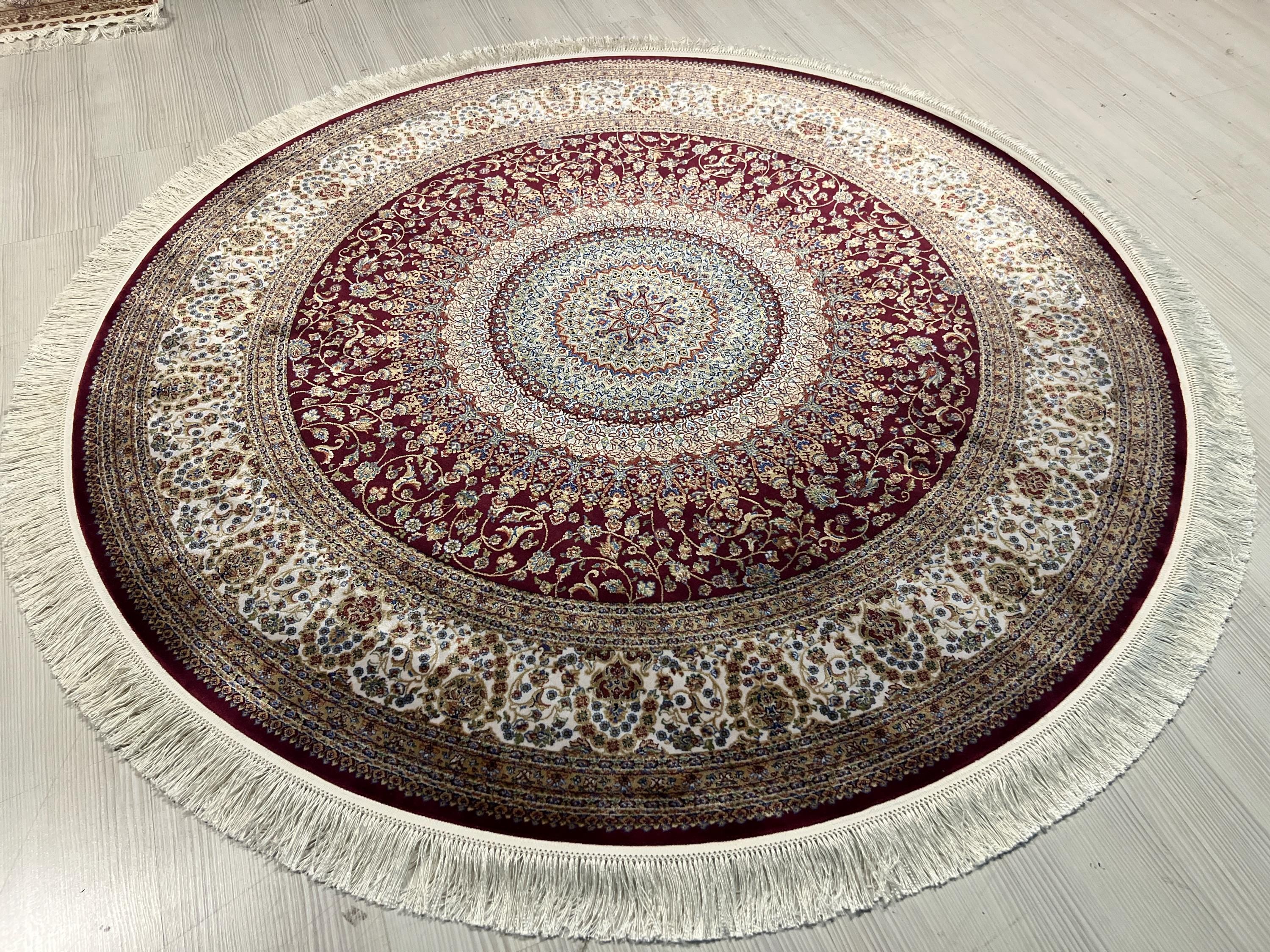 Red Modal Silk Circle Rug, Vintage Style, 5x5 ft