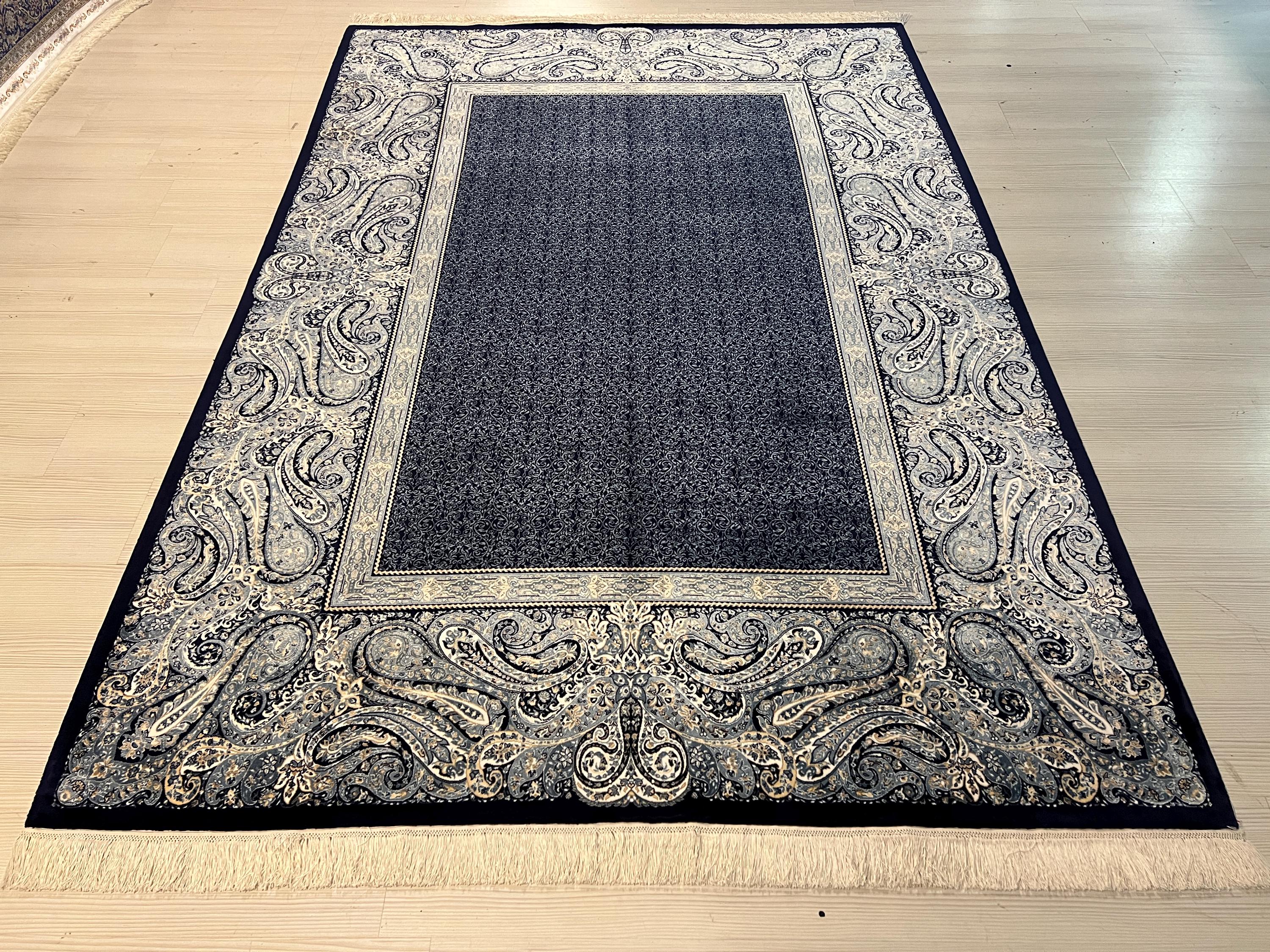 6x8 Navy Blue Modal Silk Rug, Paisley Border Area Rug, Turkish Living Room Decor