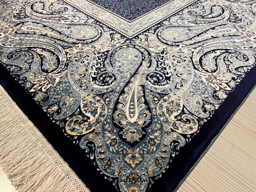 6x8 Navy Blue Modal Silk Rug, Paisley Border Area Rug, Turkish Living Room Decor