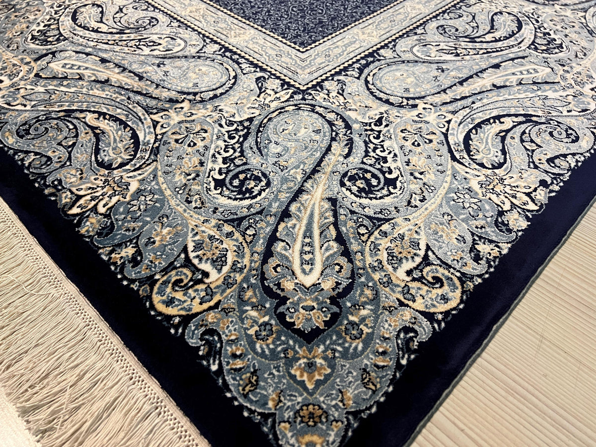 6x8 Navy Blue Modal Silk Rug, Paisley Border Area Rug, Turkish Living Room Decor