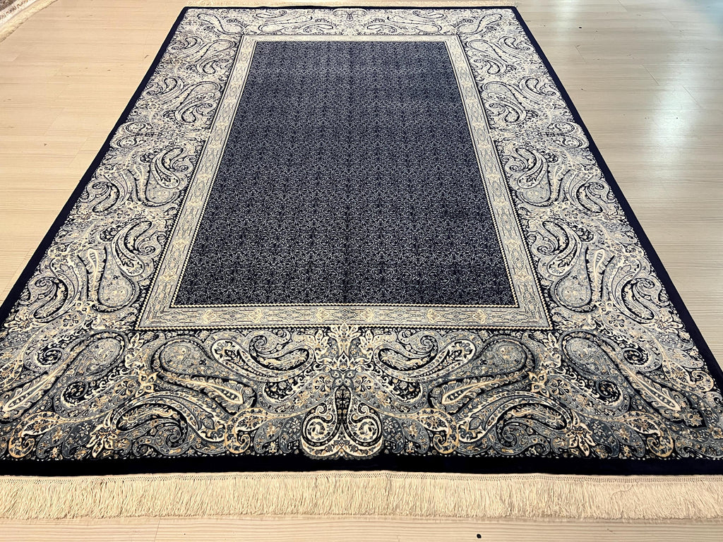 7x10 Silk Rug, Charcoal Navy Paisley Border, Modern Turkish Oriental Large Rug