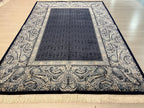 7x10 Silk Rug, Charcoal Navy Paisley Border, Modern Turkish Oriental Large Rug