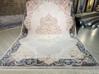 7x10 Modal Silk Area Rug, Ivory Navy Turkish Rug, Luxury Medallion Carpet, Elegant Living Room Rug