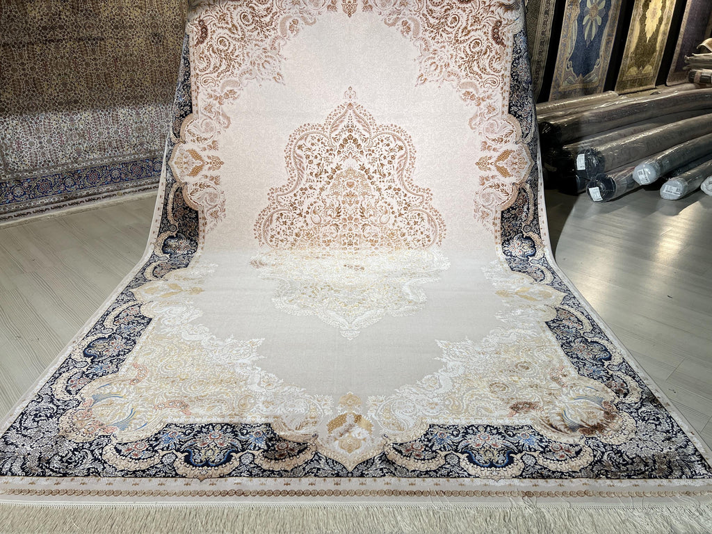 7x10 ft Modal Silk Area Rug, Ivory Navy Turkish Rug, Luxury Medallion Carpet, Elegant Living Room Rug