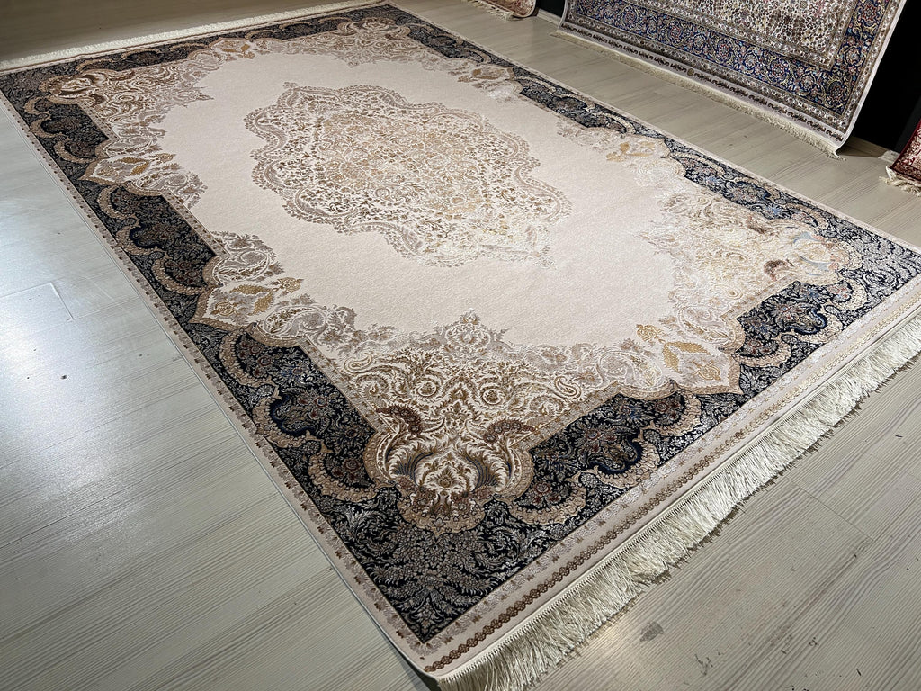 7x10 Modal Silk Area Rug, Ivory Navy Turkish Rug, Luxury Medallion Carpet, Elegant Living Room Rug
