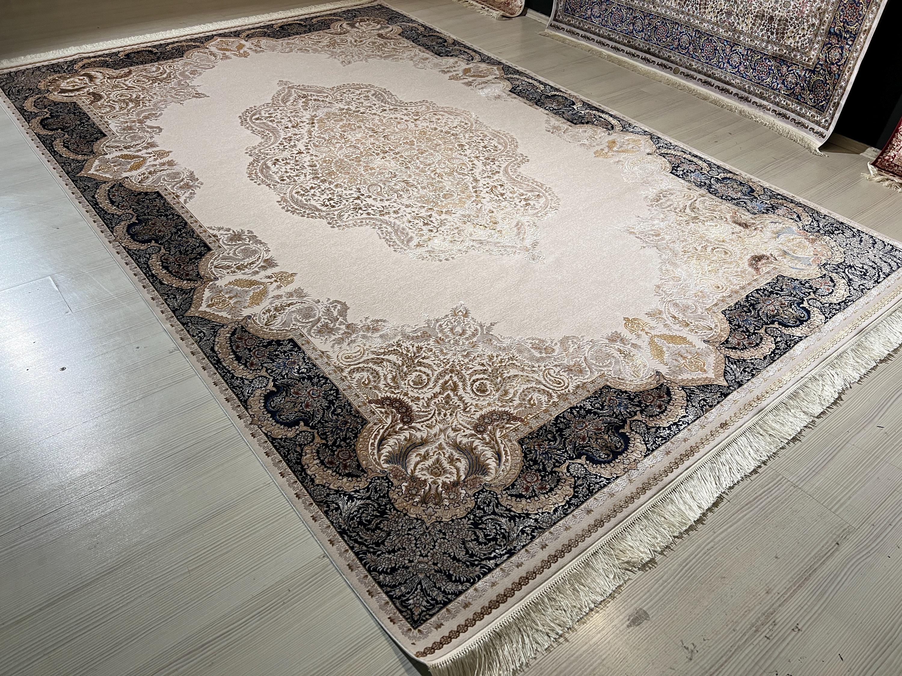7x10 ft Modal Silk Area Rug, Ivory Navy Turkish Rug, Luxury Medallion Carpet, Elegant Living Room Rug