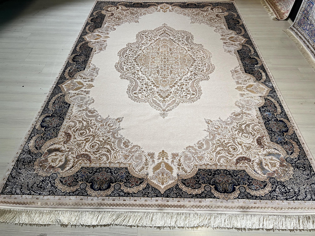7x10 Modal Silk Area Rug, Ivory Navy Turkish Rug, Luxury Medallion Carpet, Elegant Living Room Rug