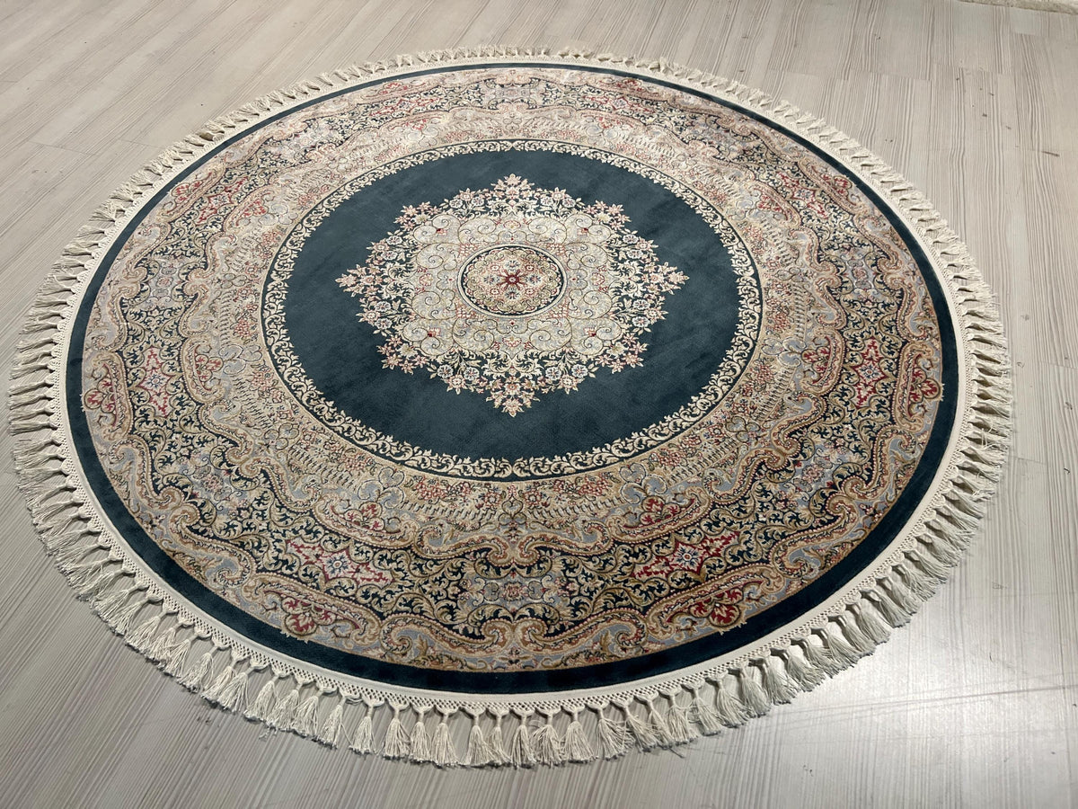 5x5 ft Blue Round Modal Silk Rug, Floral Medallion Area Rug