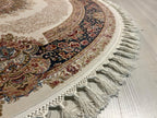 5x5 Round Silk Rug, Beige Blue Floral Design Oriental Area Rug for Living Room