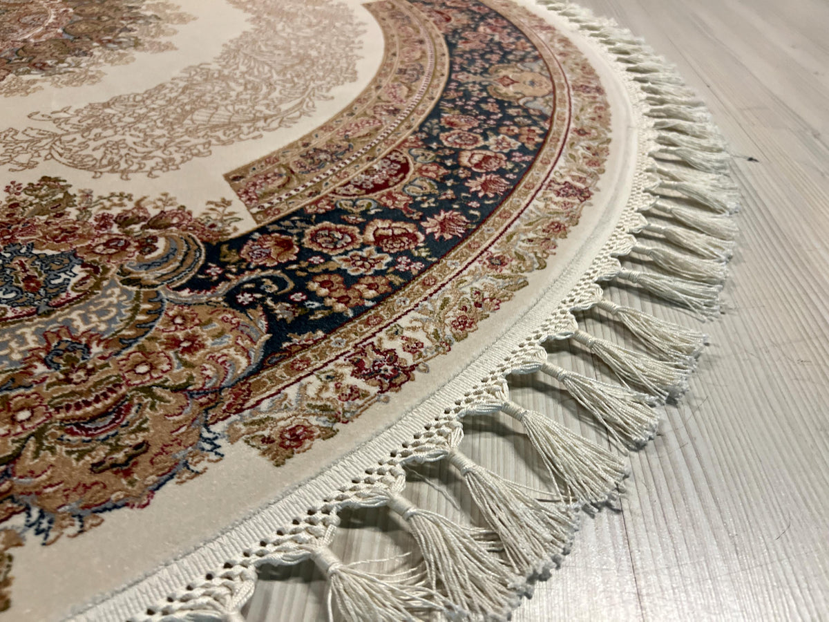 5x5 Round Silk Rug, Beige Blue Floral Design Oriental Area Rug for Living Room