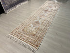3x10 ft Ivory Bamboo Silk Runner, Floral Medallion Design, Turkish Hallway Decor