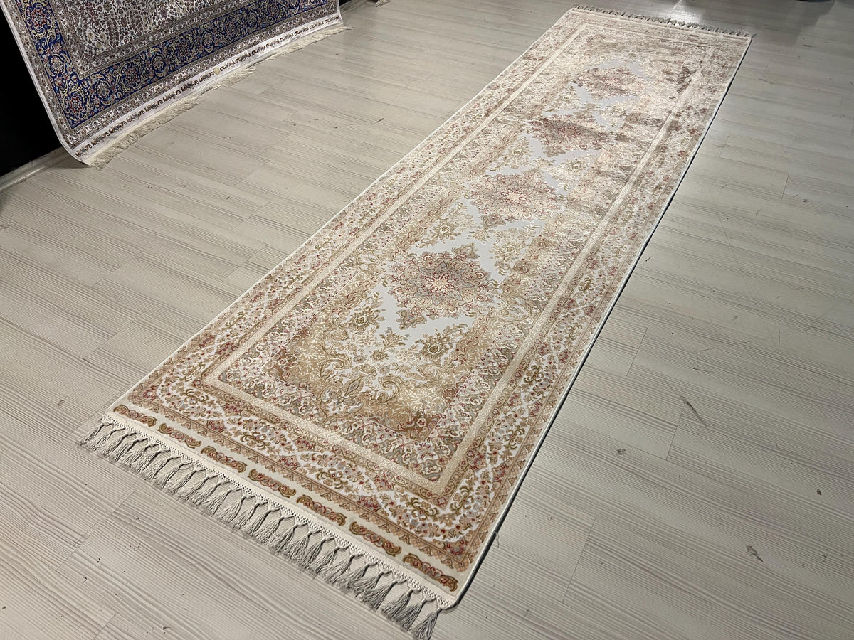 3x10 ft Ivory Bamboo Silk Runner, Floral Medallion Design, Turkish Hallway Decor