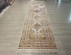 3x10 ft Ivory Bamboo Silk Runner, Floral Medallion Design, Turkish Hallway Decor
