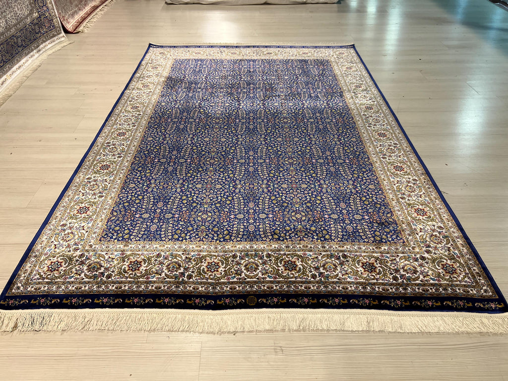Blue Beige Turkish Silk Rug, Anatolian Home Decor (5X8 ft)