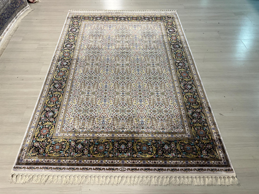 5x8 ft Cream Floral Silk Rug, Turkish Area Rug, Luxury Traditional Living Room Carpet
