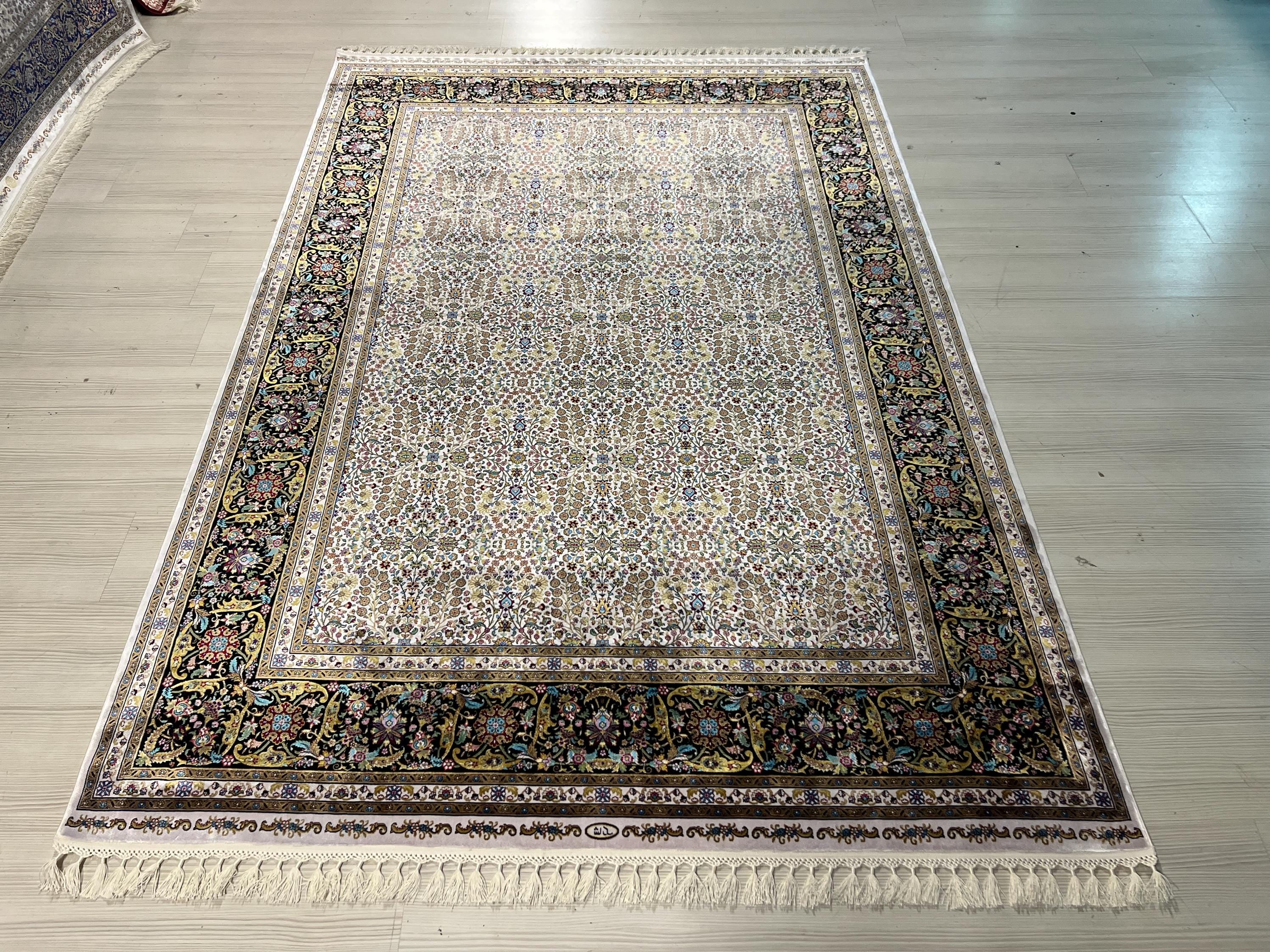 5x8 ft Cream Floral Silk Rug, Turkish Area Rug, Luxury Traditional Living Room Carpet