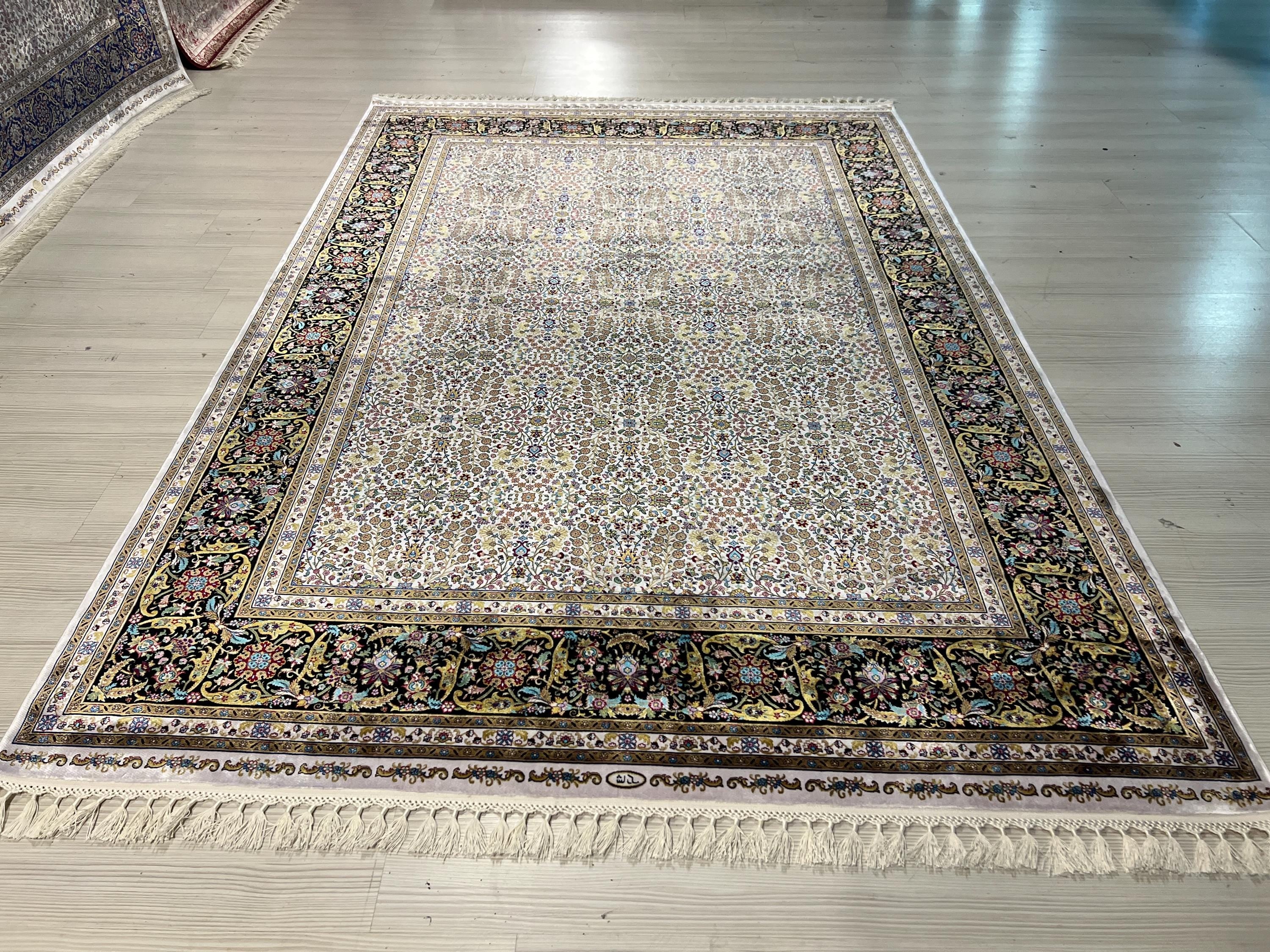 5x8 ft Cream Floral Silk Rug, Turkish Area Rug, Luxury Traditional Living Room Carpet